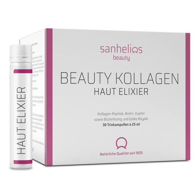 Sanhelios Beauty Collagen SKIN ELIXIR – dzerams līdzeklis pret novecošanos* – testa uzvarētājs – 30 dzeramās ampulas – 2500 mg augstākās kvalitātes kolagēna peptīdi + biotīns, varš un C vitamīns, ziedu medus un peru pieniņa