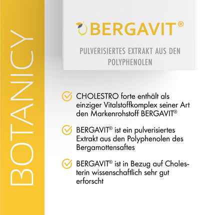 BOTANICY Cholestro Forte ar BERGAVIT® - dabiski pazemina holesterīna līmeni - bergamotes ekstrakts, A, C un E vitamīni, cinks, selēns un holīns - bez hormoniem, vegāns - 60 tabletes