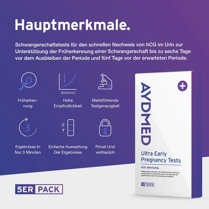 5 x Aydmed Profi agrīnās grūtniecības testi | Īpaši jutīgs grūtniecības tests grūtniecības noteikšanai urīnā | Precizitāte virs 99% | Tests 6 dienas pirms aizkavētajām menstruācijām
