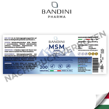Bandini® MSM - 2000 mg ar 40 mg C vitamīna vienā dienas devā - Kompaktāks metilsulfonilmetāna pulveris nekā kapsulās - Bez magnija stearāta, augsta deva, vegāns, bez piedevām, laboratorijā pārbaudīts - 200 tabletes