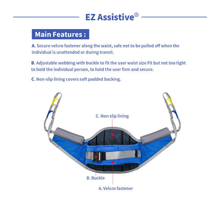 EZ Assistive Polsterēta pacientu atbalsta siksna sēdēšanai un stāvēšanai ar muguras atbalstu. Pacienta atbalsta siksna ir saderīga ar lielāko daļu mobilitātes palīglīdzekļu (vidēja izmēra (1 gab. iepakojumā)).