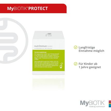 MyBIOTIK®PROTECT | Ražots uzņēmumā Nutrimimmun | 30 dienas | 11 aktīvas baktēriju kultūras | Pierādīta celma specifiskums | B2 vitamīns | Pulveris | Vegāns | Bez glutēna | Bez laktozes | Laboratorijā pārbaudīts