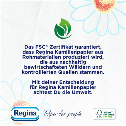 Regina kumelīšu papīrs, trīsslāņu tualetes papīrs – 16 ruļļu iepakojums, 150 loksnes rullī, mīksts un saudzīgs ar kumelīšu aromātu un FSC sertificēts papīrs