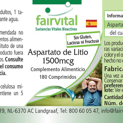 Fairvital | Litija aspartāts 1500 μg - 180 tabletes - Organiski saistīts litijs - Augsta biopieejamība - Kvalitātes pārbaude un liela deva - 100% vegāns - Ražots Vācijā