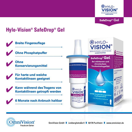 Hylo-Vision SafeDrop gēla acu pilieni – atvieglojums stipri un hroniski sausām acīm, intensīvi mitrinošs, ļoti viskozs, bez konservantiem, piemērots kontaktlēcām, 10 ml