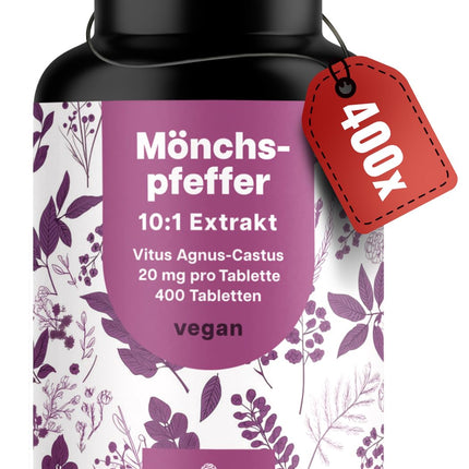 Augstas devas vaislas oga - 400 tabletes - 20 mg vienā tabletē - 10:1 ekstrakts no oriģinālās Agnus Castus - Uztura bagātinātājs sievietēm - Vegāns un ražots Vācijā. Laboratorijā pārbaudīts.