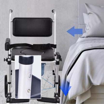 Saliekams, polsterēts gultas tualetes ratiņkrēsls vecāka gadagājuma cilvēkiem un cilvēkiem ar invaliditāti, regulējams tualetes krēsls ar riteņiem, nolokāmiem roku balstiem un nolokāmu kāju balstu.