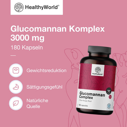 HealthyWorld® glikomanāna komplekss 3000 mg – no konjaka saknes – 180 kapsulas – svara zaudēšanas atbalstam – ar pievienotu holīnu, hromu, D3 un B3 vitamīniem – bez ĢMO – 1 mēneša krājums