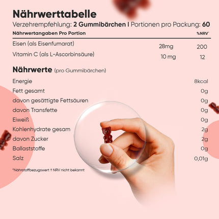 Dzelzs un C vitamīna želejkonfektes - 2 mēnešu deva - 28 mg dzelzs un 10 mg C vitamīna - 120 želejkonfektes - Dzelzs un C vitamīns veicina normālu enerģijas metabolismu (EFSA) - Alternatīva dzelzs tabletēm