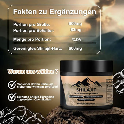 Tīra Himalaju šiladžita sveķu masa - 50 g zelta kvalitātes 100% tīra, 3 mēnešu krājumi, bagāta ar 85 minerālvielām, fulvīnskābi un humīnskābi, stiprina imūnsistēmu un vitalitāti, vīriešiem un sievietēm
