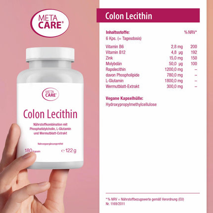 META CARE Colon Lecithin – Augstas kvalitātes fosfatidilholīns – L-glutamīns – Augu izcelsmes uztura bagātinātājs ar vērmeles lapu ekstraktu – Augsta deva – Vegāns – 180 kapsulas