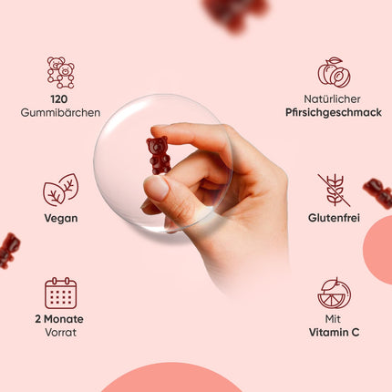Dzelzs un C vitamīna želejkonfektes - 2 mēnešu deva - 28 mg dzelzs un 10 mg C vitamīna - 120 želejkonfektes - Dzelzs un C vitamīns veicina normālu enerģijas metabolismu (EFSA) - Alternatīva dzelzs tabletēm