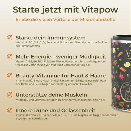 Multivitamīnu pulveris + magnijs, cinks un selēns - vitamīni AZ augstā devā - stiprina imūnsistēmu - augstas kvalitātes mikroelementi - bez pievienota cukura - vegāns - ražots Vācijā - ACE garša