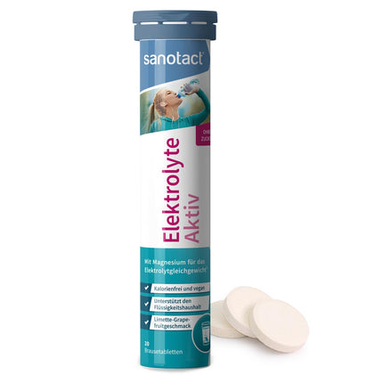 sanotact Electrolytes Active - 20 putojošās elektrolītu tabletes ar magniju, nātriju un kāliju. Bez kalorijām, bez cukura, vegāns. Laima-greipfrūtu garša.