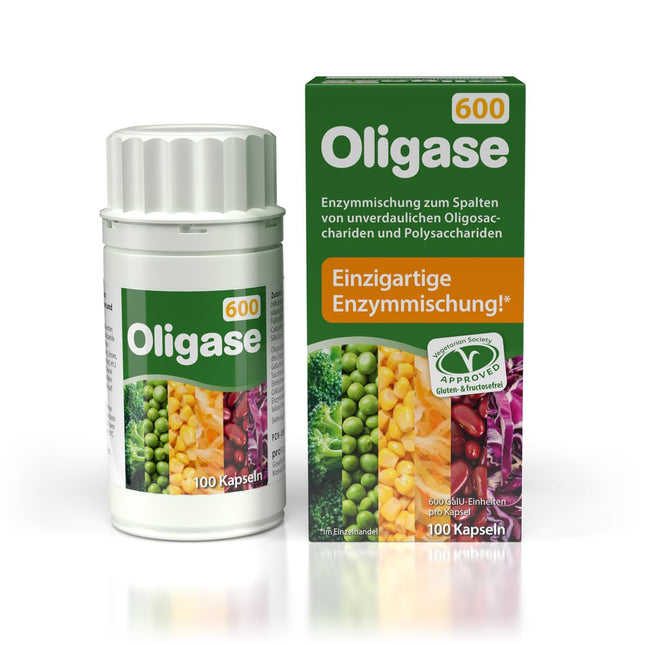 Oligase 600, fermentu maisījums gāzu veidošanās veicinošu ogļhidrātu sagremošanai, gremošanas fermenti vēdera uzpūšanās un kuņģa sāpju mazināšanai, bez glutēna un fruktozes, piemērots veģetāriešiem, 100 kapsulas