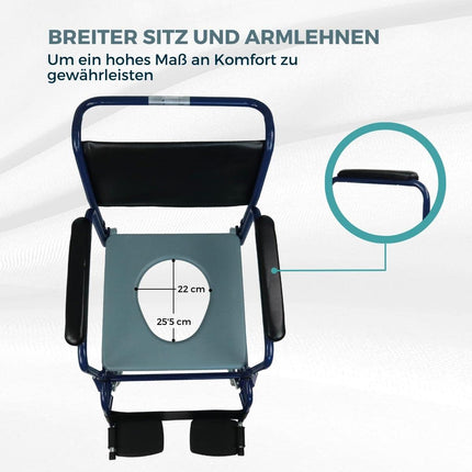 Mobiclinic, tualetes krēsls ar riteņiem, Barco, Eiropas zīmols, tualetes poda sēdeklis vecāka gadagājuma cilvēkiem un cilvēkiem ar invaliditāti, tualetes poda sēdeklis, salokāmi roku balsti, noņemami kāju balsti, vāks, stāvbremze, zils