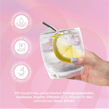 MORE Glow - kolagēna peptīdi un hialuronskābe, augstākās kvalitātes kolagēna un hialuronskābes pulveris ar varu, C vitamīnu un L-glicīnu, 300 g bundža, atbalsta svaigu ādu un saistaudus, neitrāls, ražots Vācijā
