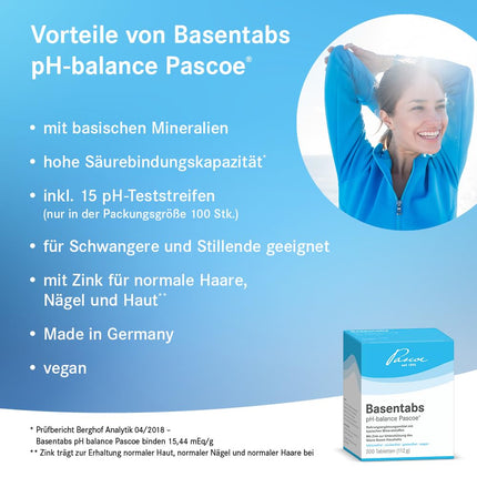 Basentabs pH-balance Pascoe - 200 sārmainas tabletes ar augstu skābes saistīšanas spēju - Organisma atskābināšanai - Ar magniju, kalciju un cinku - Skābju-bāzes līdzsvaram