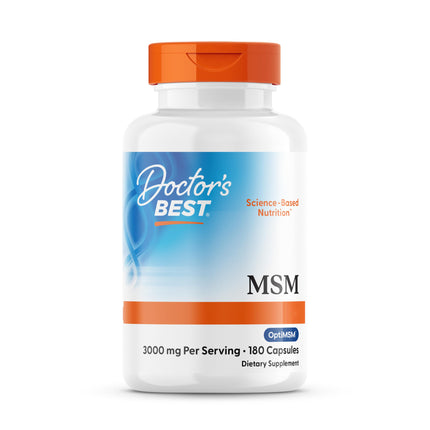 Doctor's Best, MSM ar OptiMSM, 180 kapsulas, 3000 mg MSM vienā devā, bez glutēna, bez ĢMO, bez garšas