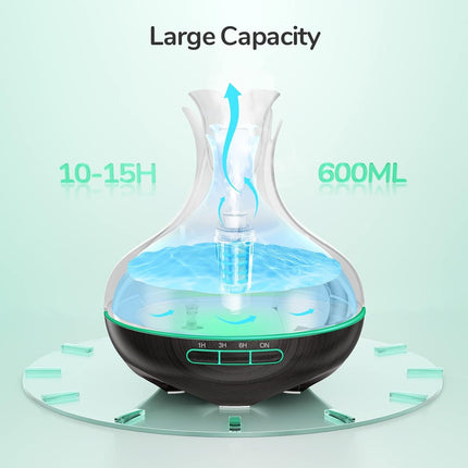 Aromātu difuzors, 600 ml ar 8 ēteriskajām eļļām, guļamistabas gaisa mitrinātājs, gaisa mitrinātājs ar tālvadības pulti, 4 taimeri, automātiska izslēgšanās bez ūdens lielām telpām