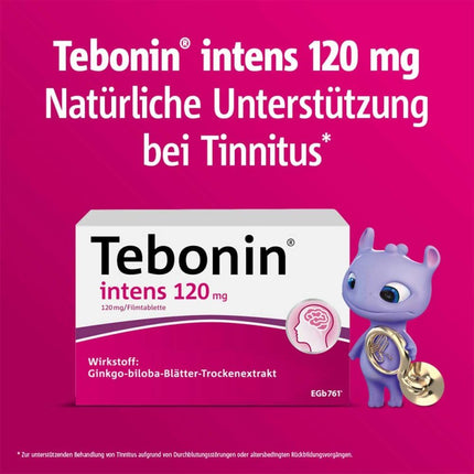 Tebonīna intensitāte 120 mg | 30 gabali | akūta un hroniska tinīta ārstēšanai* | augu izcelsmes zāles ar ginkgo biloba ekstraktu | palīdz pret troksni ausīs* un reiboni | ar īpašu ginkgo ekstraktu