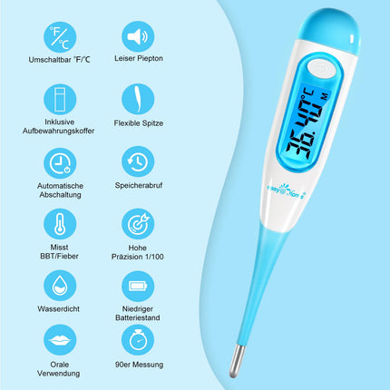 Easy@Home bazālais termometrs, auglības termometrs, ovulācijas tests cikla kontrolei un ovulācijas izsekošanai ar Premom lietotni, digitālais termometrs ar zilu fona apgaismojuma LCD displeju