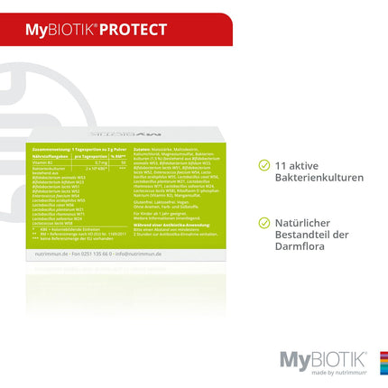 MyBIOTIK®PROTECT | Ražots uzņēmumā Nutrimimmun | 30 dienas | 11 aktīvas baktēriju kultūras | Pierādīta celma specifiskums | B2 vitamīns | Pulveris | Vegāns | Bez glutēna | Bez laktozes | Laboratorijā pārbaudīts