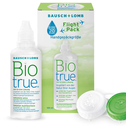Bausch + Lomb Biotrue universālais kontaktlēcu tīrīšanas un uzglabāšanas šķīdums mīkstajām kontaktlēcām, ceļojumu komplekts, lidojuma iepakojums, 100 ml