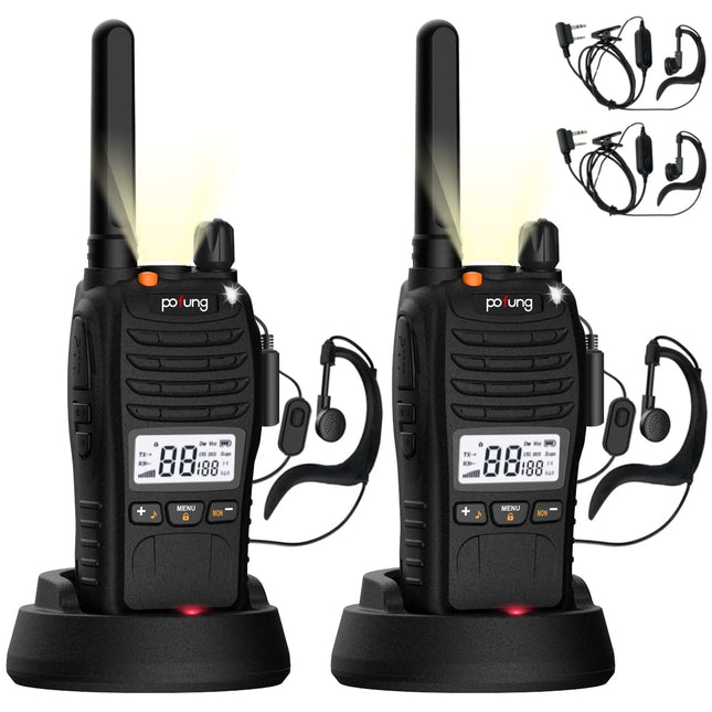 pofung PT88 PRO Professional bezlicencēts PMR446 pārnēsājams uzlādējams rācijas uztvērējs, 16 kanāli, LED ekrāns, mirgojošs trauksmes signāls, TOT, CTCSS/DCS, VOX un USB (kempings, piedzīvojumi) (2 iepakojums)