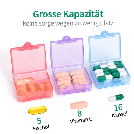 Opret 3 tablešu iepakojuma kaste, tablešu konteiners lietošanai ceļā, mazs pārnēsājams tablešu kaste, mazs tablešu konteiners vitamīniem, zivju eļļai un tabletēm (zili violeti rozā)