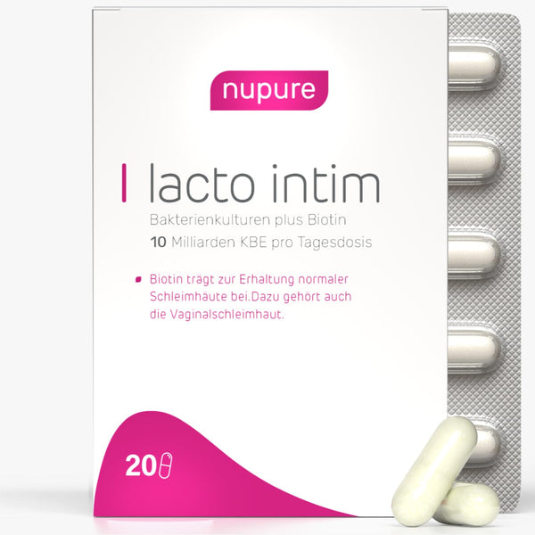 Nupure® Lacto Intim pienskābes baktērijas maksts baktēriju regulēšanai, kā arī biotīns gļotādām, iekšķīgai lietošanai, maksts probiotikas, 20 kapsulas, vegānas, bez laktozes.