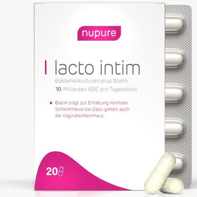 Nupure® Lacto Intim pienskābes baktērijas maksts baktēriju regulēšanai, kā arī biotīns gļotādām, iekšķīgai lietošanai, maksts probiotikas, 20 kapsulas, vegānas, bez laktozes.