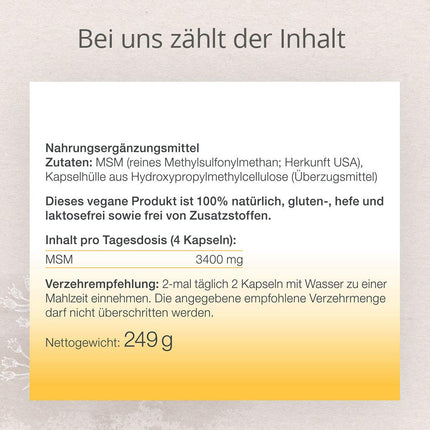 MSM dabīgais sērs - 250 kapsulas - augsta deva ar 3400 mg MSM dienā - 99,9% tīrība - labākā kontrolētā kvalitāte - MSM no ASV