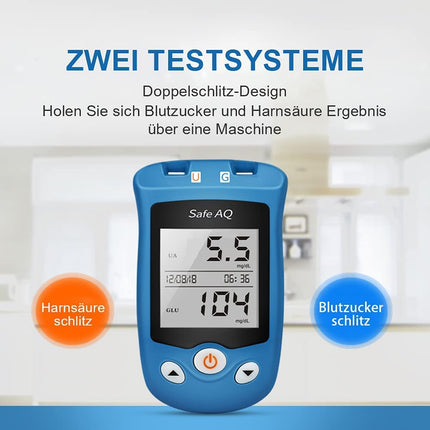 sinocare urīnskābes līmeņa asinīs mērītājs, Safe AQ UG asins glikozes mērītāja komplekts ar 50 asins glikozes testa strēmelītēm un 50 urīnskābes testa strēmelītēm (Safe UG komplekts ar testa strēmelītēm 50+50)