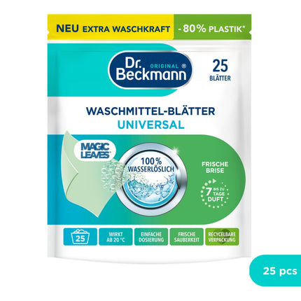 Dr. Beckmann MAGIC LEAVES veļas mazgāšanas līdzeklis atstāj UNIVERSAL | iepriekš dozētas un ūdenī šķīstošas ​​mazgāšanas lupatiņas | vietu taupošs un viegli lietojams | 25 loksnes
