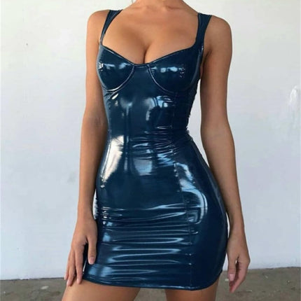 Gellmall sieviešu kluba apģērba PU ādas kleitas lakotas ādas mitrās ādas siksnas Bodycon erotiska ballīšu kleita sievietēm bezpiedurkņu mini kleita 5XL