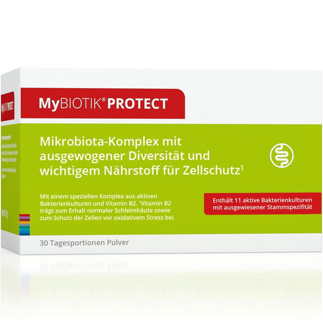 MyBIOTIK®PROTECT | Ražots uzņēmumā Nutrimimmun | 30 dienas | 11 aktīvas baktēriju kultūras | Pierādīta celma specifiskums | B2 vitamīns | Pulveris | Vegāns | Bez glutēna | Bez laktozes | Laboratorijā pārbaudīts
