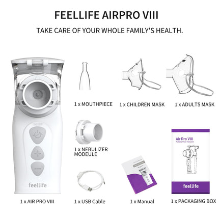 FEELLIFE inhalators pieaugušajiem, inhalācijas ierīce pieaugušajiem un bērniem, smidzinātāja inhalators, smidzinātāja inhalators klusāks zem 25 dB, pārnēsājams uzlādējams inhalators elpceļu slimībām