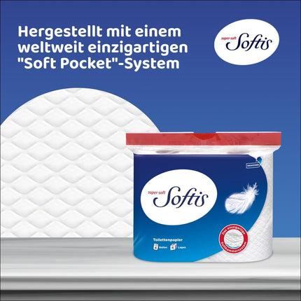 Softis 4 slāņu tualetes papīrs - 45 ruļļu iepakojums (5 x 9 atsevišķi iepakojumi), 100 loksnes rullī, unikāla mīksto kameru sistēma, pārstrādājams iepakojums, FSC sertificēts papīrs
