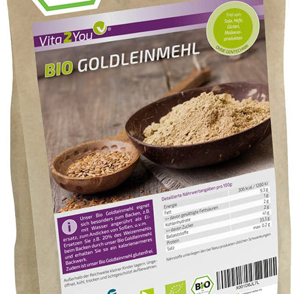 Vita2You bioloģiskie zeltainie linsēklu milti 1000g - bez glutēna - miltu aizvietotājs - zems ogļhidrātu saturs - augsts olbaltumvielu saturs - iepakots maisiņā ar rāvējslēdzēju - augstākā kvalitāte