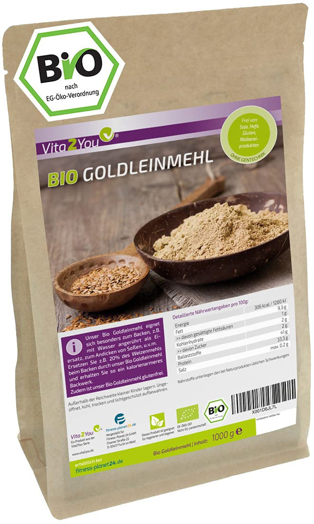 Vita2You bioloģiskie zeltainie linsēklu milti 1000g - bez glutēna - miltu aizvietotājs - zems ogļhidrātu saturs - augsts olbaltumvielu saturs - iepakots maisiņā ar rāvējslēdzēju - augstākā kvalitāte