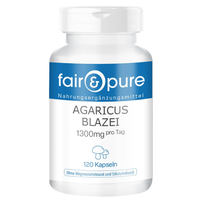 Fair &amp; Pure® - Agaricus Blazei 1300 mg - 120 kapsulas - ABM - Agaricus Blazei Murill - ārstnieciskās sēnes - vegānas - dabīgas - bez magnija stearāta
