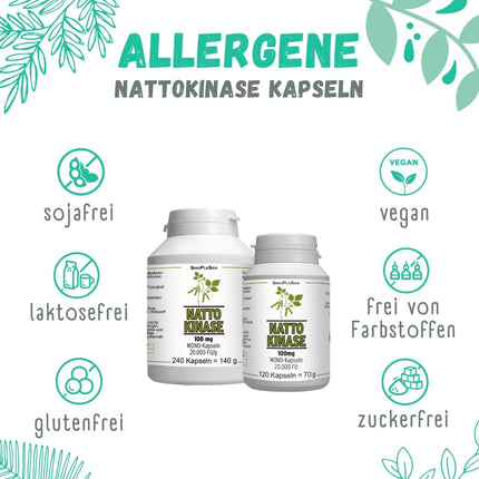 Nattokināze 100mg vienā kapsulā 20 000 FU | vegāns | bez K1 un K2 vitamīna | bez mikrokristāliskās celulozes un magnija stearāta | 120 kapsulas