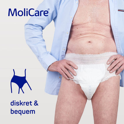 MoliCare Premium mobilās vienreizējās lietošanas biksītes: diskrēta lietošana urīna nesaturēšanas gadījumā sievietēm un vīriešiem; 10 pilieni, M izmērs (80–120 cm gurnu apkārtmērs), 14 gabali