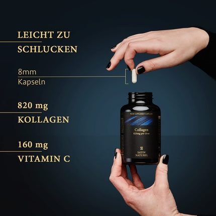Satin Naturel kolagēna komplekss ar hialuronskābi - 180 kapsulas - augstas devas hialuronskābes kolagēna kapsulas - bagātināts ar C vitamīnu, elastīnu un spirulīnu - bez piedevām - ražots Vācijā