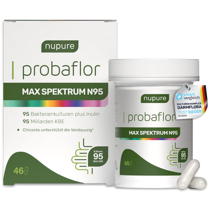 Nupure® Probaflor MAX SPECTRUM N95 600 miljardi KVV/g 95 baktēriju celmi, lielākais baktēriju celmu spektrs, ar laktobacilām, inulīnu un bifidobaktērijām, 95 miljardi KVV, zarnās šķīstošs apvalks, 46 kapsulas