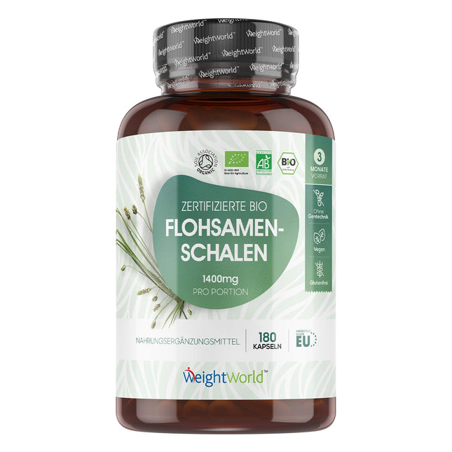 Organiskas psyllium sēnalas 1400 mg vienā porcijā - 180 vegānu kapsulas - 3 mēnešu krājumi - Psyllium sēnalas - bez glutēna un ĢMO - sertificēts bioloģisks psyllium sēnalu pulveris no WeightWorld