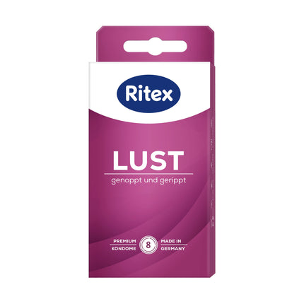 Ritex LUST prezervatīvi, ar radzēm un rievojumu, 8 gabali, ražoti Vācijā (1 gab. iepakojumā)