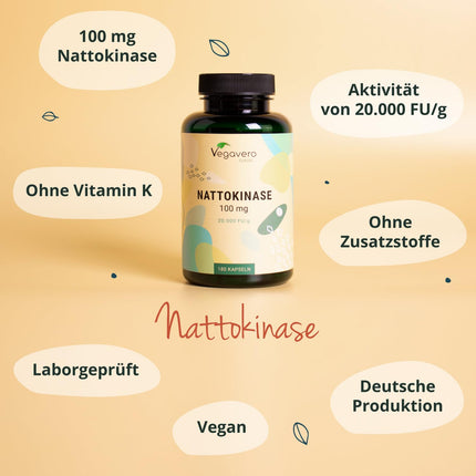 Nattokināzes kapsulas ar augstu devu | 20 000 FU/g | Pagatavots no natto – fermentētām sojas pupiņām | 180 gabali | Laboratorijā pārbaudīts | Vegāns - bez piedevām | Vācu ražojums Vegavero®