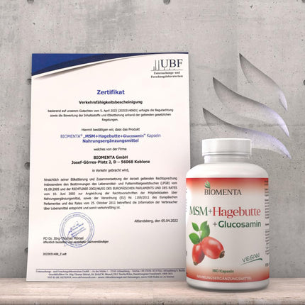 BIOMENTA MSM + Mežrozītes + Glikozamīns – 180 alergēnu nesaturošas kapsulas ar lielu devu – 1200 mg organiskā sēra pulvera + 794 mg glikozamīna sulfāta + 300 mg mežrozīšu ekstrakta dienā – vegāns – augstākās kvalitātes